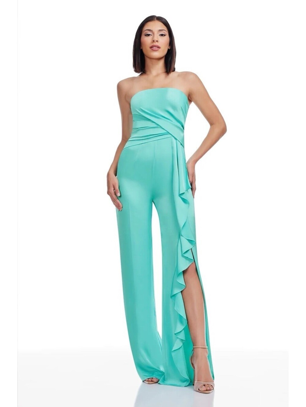 Dress The Population Strapless Aqua Shawn Jumpsuit with Side Ruffle L NWT